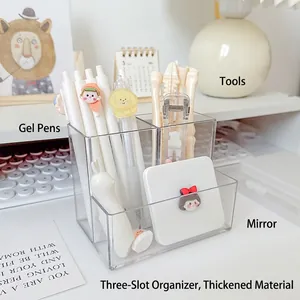 Transparent three-compartment desk organizer and pen holder for office supplies