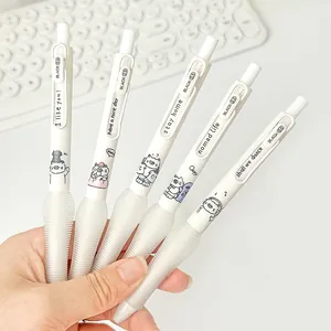 Five white press-gel pens featuring cute cat illustrations and comfortable soft grip.