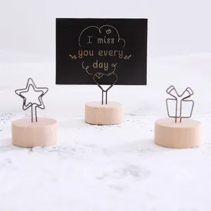 Set of three creative wooden base memo clips with metal wire shapes for office desk decor