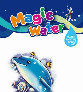 Detail view of a magic water painting book featuring cartoon dolphin and fish illustrations.