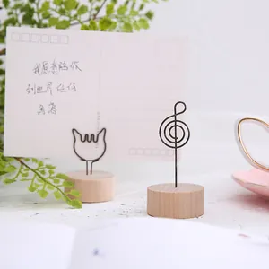 Artistic retro wooden base memo clip with music note and cat wire shapes for photos