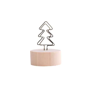 Vintage Zakka style wooden base photo clip with decorative tree metal wire holder