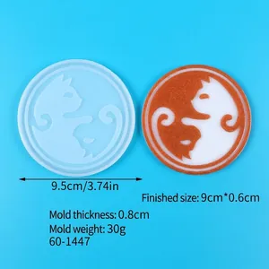 Close-up of DIY cat pattern silicone coaster mold with product size and weight details