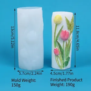 Detailansicht der 3D-Tulpen-Relief-Silikonform und der fertigen Kerze