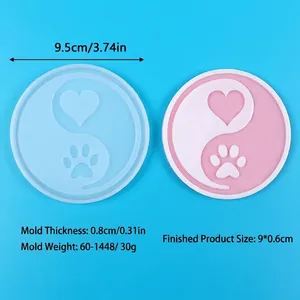Dimensions and details of cat paw heart yin yang silicone resin coaster mold