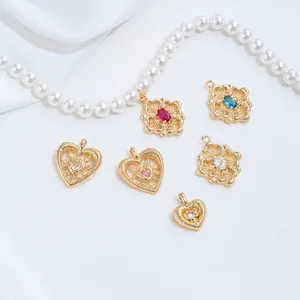 Detail of 14K gold-plated heart and rhombus pendants with colorful CZ for DIY jewelry