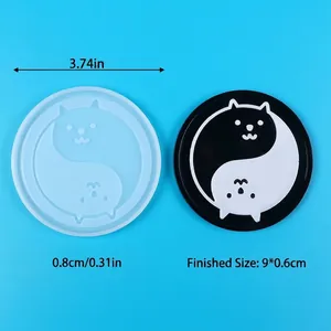 Cat design silicone resin mold for DIY coasters showing dimensions and finished sample