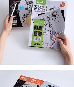 Dettaglio della confezione del kit per pittura a graffio con sagome di torre e unicorno