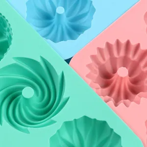 Detailed macro view of colorful silicone Savarin cake molds showing DIY textures