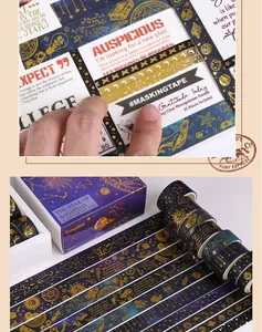 Detailed macro shot of vintage celestial gold foil washi tapes and elegant gift box