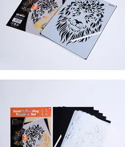 Vista dettagliata dello stencil leone A4 e del set di modelli per grattage a più strati.