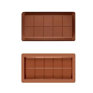 Detailed front and back view of a 10-cavity brown rectangular silicone chocolate baking mold