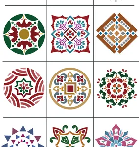 Detailed view of nine unique mandala stencil patterns for DIY wall and furniture painting
