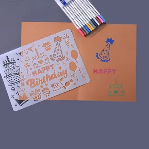 DIY happy birthday theme hollow drawing stencil template set with ten colorful pens