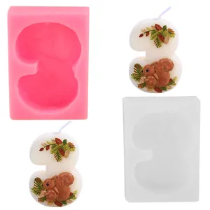 Silicone mold and finished number 3 candle with squirrel pattern for cake decoration