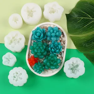 Detailed view of various DIY succulent silicone molds with colorful resin samples