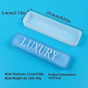 Detail view of rectangular LUXURY resin mold with precise dimensions in cm and inches.