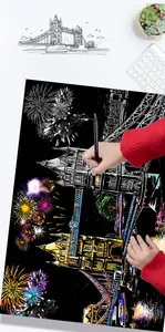 Close-up detail of London Tower Bridge colorful city night scene scratch art being created