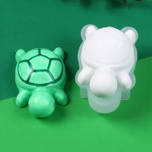 Detail view of mini turtle silicone mold and finished green resin turtle ornament