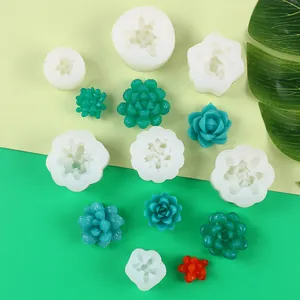 Assorted 3D succulent silicone molds with finished resin flower samples displayed
