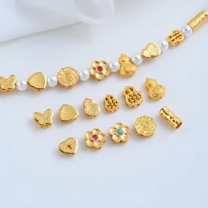 24K Gold Plated Brass Spacer Beads Heart Butterfly Gourd Plum Blossom Shape For DIY Jewelry Making Findings Accessories Gold Beads