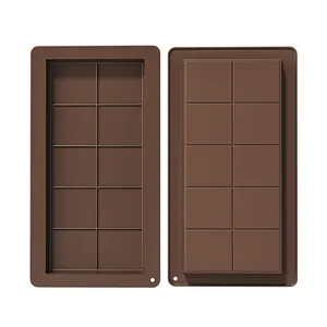 Front and back view of a 10-cavity brown rectangular silicone chocolate mold tool