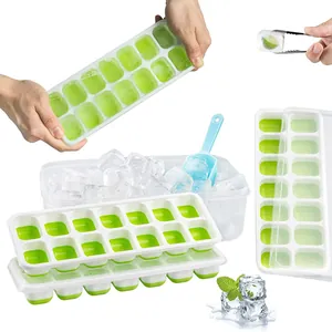 Juego de bandejas de silicona para 14 cubitos con tapa, caja y cuchara para hielo