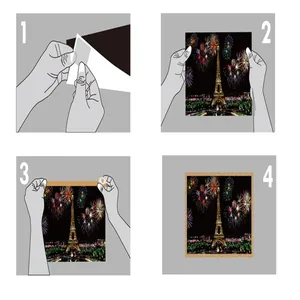 Four-step instructional guide showing how to use the DIY Eiffel Tower scratch art paper