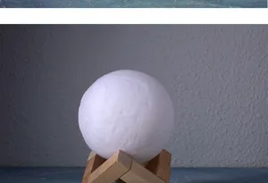 Macro view of realistic 3D moon lamp surface texture and craters on wooden base stand