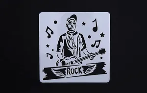 Gedetailleerd aanzicht van een rockgitarist hol sjabloon voor creatieve graffiti