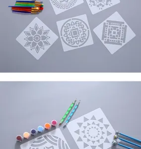 Close-up detail of Mandala stencil set with colorful brushes and acrylic paint pots