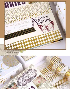 Detailed view of elegant gold foil washi tape with botanical patterns for DIY scrapbooking