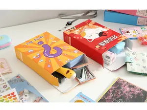 Close-up of vibrant stationery blind box set with colorful lucky boxes and accessories