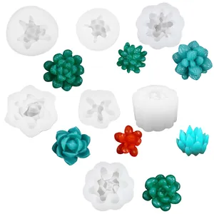 Macro view of various DIY succulent silicone molds with colorful finished resin cactus pieces
