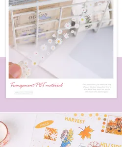 Detail showing transparent PET floral tape with white daisy patterns on a grid journal.