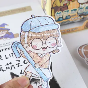 Glittery holographic cute cartoon girl sticker for journal and DIY scrapbook decoration
