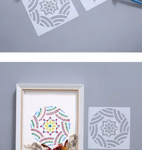 Detailed view of mandala stencil with finished colorful dotted artwork in frame