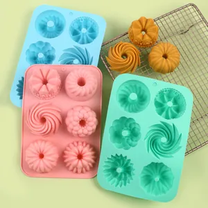 Premium 6-cavity silicone Savarin cake mold set in pastel pink, blue, and mint green for DIY baking