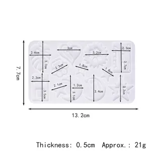Schema tecnico dello stampo in silicone DIY con forme a luna cuore e foglia con dimensioni