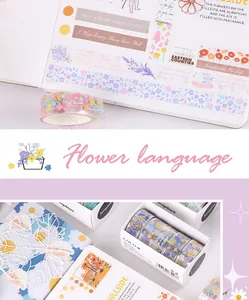 Detailed macro view of decorative floral PET washi tape rolls in a premium gift packaging box