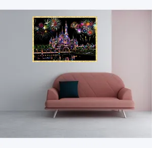 Lifestyle view of a large colorful night castle scratch art painting on a wall
