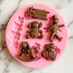 Detailed view of pink silicone mold with cartoon toy chocolate shapes like rocking horse