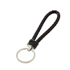 Stylish minimalist black braided leather keychain hand rope with silver metal ring