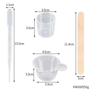 Dimensiones detalladas del kit de herramientas para resina con pipeta, copa y espátula