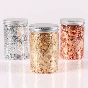 Detail showing metallic foil flakes in gold silver and rose gold jars for DIY crafts