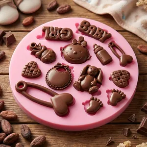 Detailed view of baby-themed silicone mold with cute girl and bunny chocolate shapes