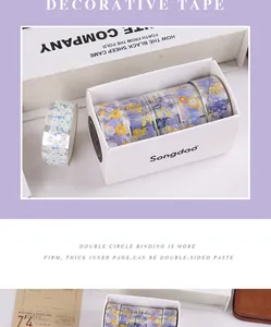 Detailed view of decorative floral PET washi tape set inside an elegant white brand gift box