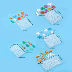Detail view showing five different Christmas silicone molds for resin jewelry with dimensions