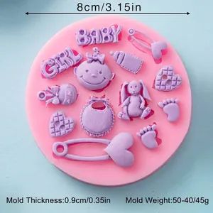 Close-up of pink baby-themed silicone mold showing detailed dimensions and weight.