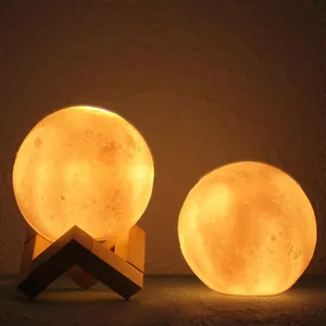 Creative 3D printed moon night light with wooden stand for warm bedroom atmosphere